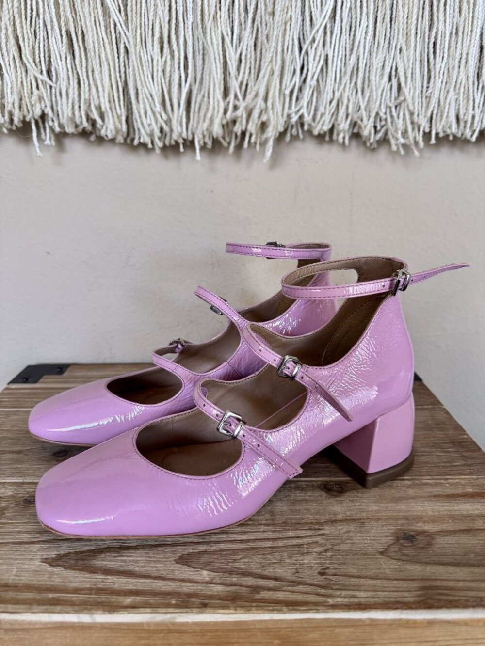 Anthropologie Vincenza Pink‎ Patent Leather Triple Strap Mary Jane Block Heels 6